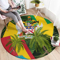 Saint Kitts and Nevis Apparel Round Carpet with Coat of Arms, Palm Trees, and Hammock Graphic in Tropical Green and Flag-Inspired Design - Wonder Print Shop