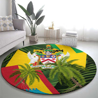 Saint Kitts and Nevis Apparel Round Carpet with Coat of Arms, Palm Trees, and Hammock Graphic in Tropical Green and Flag-Inspired Design - Wonder Print Shop