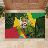 Saint Kitts and Nevis Apparel Rubber Doormat with Coat of Arms, Palm Trees, and Hammock Graphic in Tropical Green and Flag-Inspired Design - Wonder Print Shop