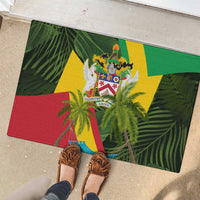 Saint Kitts and Nevis Apparel Rubber Doormat with Coat of Arms, Palm Trees, and Hammock Graphic in Tropical Green and Flag-Inspired Design - Wonder Print Shop
