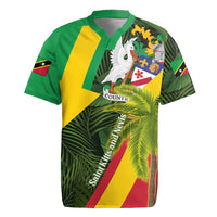 Saint Kitts and Nevis Apparel Rugby Jersey with Coat of Arms, Palm Trees, and Hammock Graphic in Tropical Green and Flag-Inspired Design - Wonder Print Shop