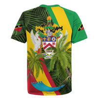 Saint Kitts and Nevis Apparel Rugby Jersey with Coat of Arms, Palm Trees, and Hammock Graphic in Tropical Green and Flag-Inspired Design - Wonder Print Shop
