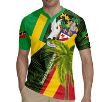 Saint Kitts and Nevis Apparel Rugby Jersey with Coat of Arms, Palm Trees, and Hammock Graphic in Tropical Green and Flag-Inspired Design - Wonder Print Shop