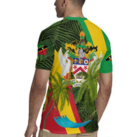 Saint Kitts and Nevis Apparel Rugby Jersey with Coat of Arms, Palm Trees, and Hammock Graphic in Tropical Green and Flag-Inspired Design - Wonder Print Shop