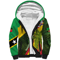 Saint Kitts and Nevis Apparel Sherpa Hoodie with Coat of Arms, Palm Trees, and Hammock Graphic in Tropical Green and Flag-Inspired Design - Wonder Print Shop