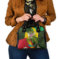 Saint Kitts and Nevis Apparel Shoulder Handbag with Coat of Arms, Palm Trees, and Hammock Graphic in Tropical Green and Flag-Inspired Design - Wonder Print Shop