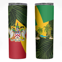 Saint Kitts and Nevis Apparel Skinny Tumbler with Coat of Arms, Palm Trees, and Hammock Graphic in Tropical Green and Flag-Inspired Design - Wonder Print Shop