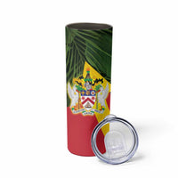 Saint Kitts and Nevis Apparel Skinny Tumbler with Coat of Arms, Palm Trees, and Hammock Graphic in Tropical Green and Flag-Inspired Design - Wonder Print Shop