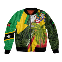 Saint Kitts and Nevis Apparel Sleeve Zip Bomber Jacket with Coat of Arms, Palm Trees, and Hammock Graphic in Tropical Green and Flag-Inspired Design - Wonder Print Shop