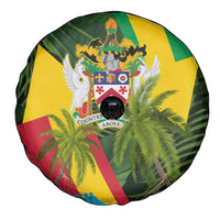 Saint Kitts and Nevis Apparel Spare Tire Cover with Coat of Arms, Palm Trees, and Hammock Graphic in Tropical Green and Flag-Inspired Design - Wonder Print Shop