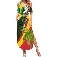Saint Kitts and Nevis Apparel Summer Maxi Dress with Coat of Arms, Palm Trees, and Hammock Graphic in Tropical Green and Flag-Inspired Design - Wonder Print Shop