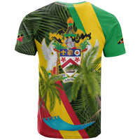 Saint Kitts and Nevis Apparel T Shirt with Coat of Arms, Palm Trees, and Hammock Graphic in Tropical Green and Flag-Inspired Design - Wonder Print Shop