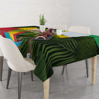 Saint Kitts and Nevis Apparel Tablecloth with Coat of Arms, Palm Trees, and Hammock Graphic in Tropical Green and Flag-Inspired Design - Wonder Print Shop