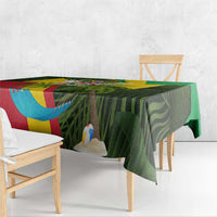 Saint Kitts and Nevis Apparel Tablecloth with Coat of Arms, Palm Trees, and Hammock Graphic in Tropical Green and Flag-Inspired Design - Wonder Print Shop
