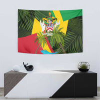 Saint Kitts and Nevis Apparel Tapestry with Coat of Arms, Palm Trees, and Hammock Graphic in Tropical Green and Flag-Inspired Design - Wonder Print Shop