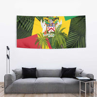 Saint Kitts and Nevis Apparel Tapestry with Coat of Arms, Palm Trees, and Hammock Graphic in Tropical Green and Flag-Inspired Design - Wonder Print Shop