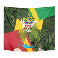 Saint Kitts and Nevis Apparel Tapestry with Coat of Arms, Palm Trees, and Hammock Graphic in Tropical Green and Flag-Inspired Design - Wonder Print Shop