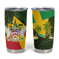 Saint Kitts and Nevis Apparel Tumbler Cup with Coat of Arms, Palm Trees, and Hammock Graphic in Tropical Green and Flag-Inspired Design - Wonder Print Shop