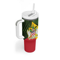 Saint Kitts and Nevis Apparel Tumbler With Handle with Coat of Arms, Palm Trees, and Hammock Graphic in Tropical Green and Flag-Inspired Design - Wonder Print Shop