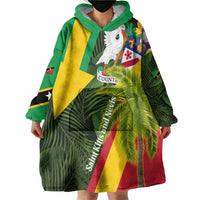 Saint Kitts and Nevis Apparel Wearable Blanket Hoodie with Coat of Arms, Palm Trees, and Hammock Graphic in Tropical Green and Flag-Inspired Design - Wonder Print Shop