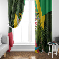 Saint Kitts and Nevis Apparel Window Curtain with Coat of Arms, Palm Trees, and Hammock Graphic in Tropical Green and Flag-Inspired Design - Wonder Print Shop