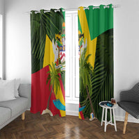 Saint Kitts and Nevis Apparel Window Curtain with Coat of Arms, Palm Trees, and Hammock Graphic in Tropical Green and Flag-Inspired Design - Wonder Print Shop