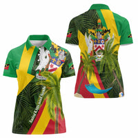Saint Kitts and Nevis Apparel Women Polo Shirt with Coat of Arms, Palm Trees, and Hammock Graphic in Tropical Green and Flag-Inspired Design - Wonder Print Shop