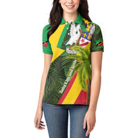 Saint Kitts and Nevis Apparel Women Polo Shirt with Coat of Arms, Palm Trees, and Hammock Graphic in Tropical Green and Flag-Inspired Design - Wonder Print Shop