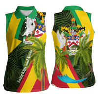 Saint Kitts and Nevis Apparel Women Sleeveless Polo Shirt with Coat of Arms, Palm Trees, and Hammock Graphic in Tropical Green and Flag-Inspired Design - Wonder Print Shop