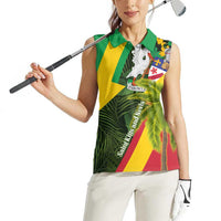 Saint Kitts and Nevis Apparel Women Sleeveless Polo Shirt with Coat of Arms, Palm Trees, and Hammock Graphic in Tropical Green and Flag-Inspired Design - Wonder Print Shop