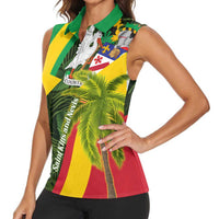 Saint Kitts and Nevis Apparel Women Sleeveless Polo Shirt with Coat of Arms, Palm Trees, and Hammock Graphic in Tropical Green and Flag-Inspired Design - Wonder Print Shop