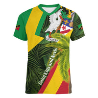 Saint Kitts and Nevis Apparel Women V-Neck T-Shirt with Coat of Arms, Palm Trees, and Hammock Graphic in Tropical Green and Flag-Inspired Design - Wonder Print Shop