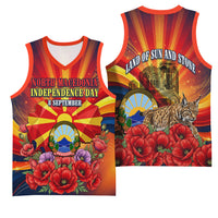 North Macedonia Independence Day Basketball Jersey Balkan Lynx Red Poppy Flowers Church Flag