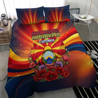 North Macedonia Independence Day Bedding Set Balkan Lynx Red Poppy Flowers Church Flag