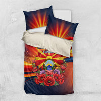 North Macedonia Independence Day Bedding Set Balkan Lynx Red Poppy Flowers Church Flag