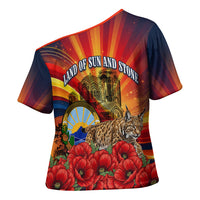 North Macedonia Independence Day Cross Shoulder Shirt Balkan Lynx Red Poppy Flowers Church Flag