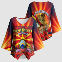 North Macedonia Independence Day Kimono Sleeve Blouse Balkan Lynx Red Poppy Flowers Church Flag