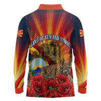 North Macedonia Independence Day Long Sleeve Polo Shirt Balkan Lynx Red Poppy Flowers Church Flag
