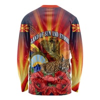 North Macedonia Independence Day Long Sleeve Shirt Balkan Lynx Red Poppy Flowers Church Flag