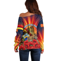 North Macedonia Independence Day Off Shoulder Sweater Balkan Lynx Red Poppy Flowers Church Flag