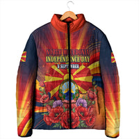 North Macedonia Independence Day Padded Jacket Balkan Lynx Red Poppy Flowers Church Flag