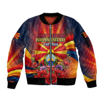 North Macedonia Independence Day Sleeve Zip Bomber Jacket Balkan Lynx Red Poppy Flowers Church Flag