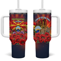 North Macedonia Independence Day Tumbler With Handle Balkan Lynx Red Poppy Flowers Church Flag