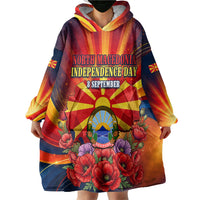 North Macedonia Independence Day Wearable Blanket Hoodie Balkan Lynx Red Poppy Flowers Church Flag