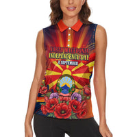 North Macedonia Independence Day Women Sleeveless Polo Shirt Balkan Lynx Red Poppy Flowers Church Flag