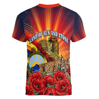 North Macedonia Independence Day Women V-Neck T-Shirt Balkan Lynx Red Poppy Flowers Church Flag
