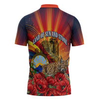 North Macedonia Independence Day Zipper Polo Shirt Balkan Lynx Red Poppy Flowers Church Flag