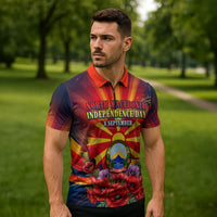 North Macedonia Independence Day Zipper Polo Shirt Balkan Lynx Red Poppy Flowers Church Flag