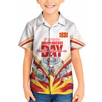 North Macedonia Independence Day Kid Hawaiian Shirt Ilinden Monument Raised Fist Jets Flag