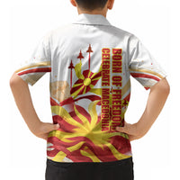 North Macedonia Independence Day Kid Hawaiian Shirt Ilinden Monument Raised Fist Jets Flag